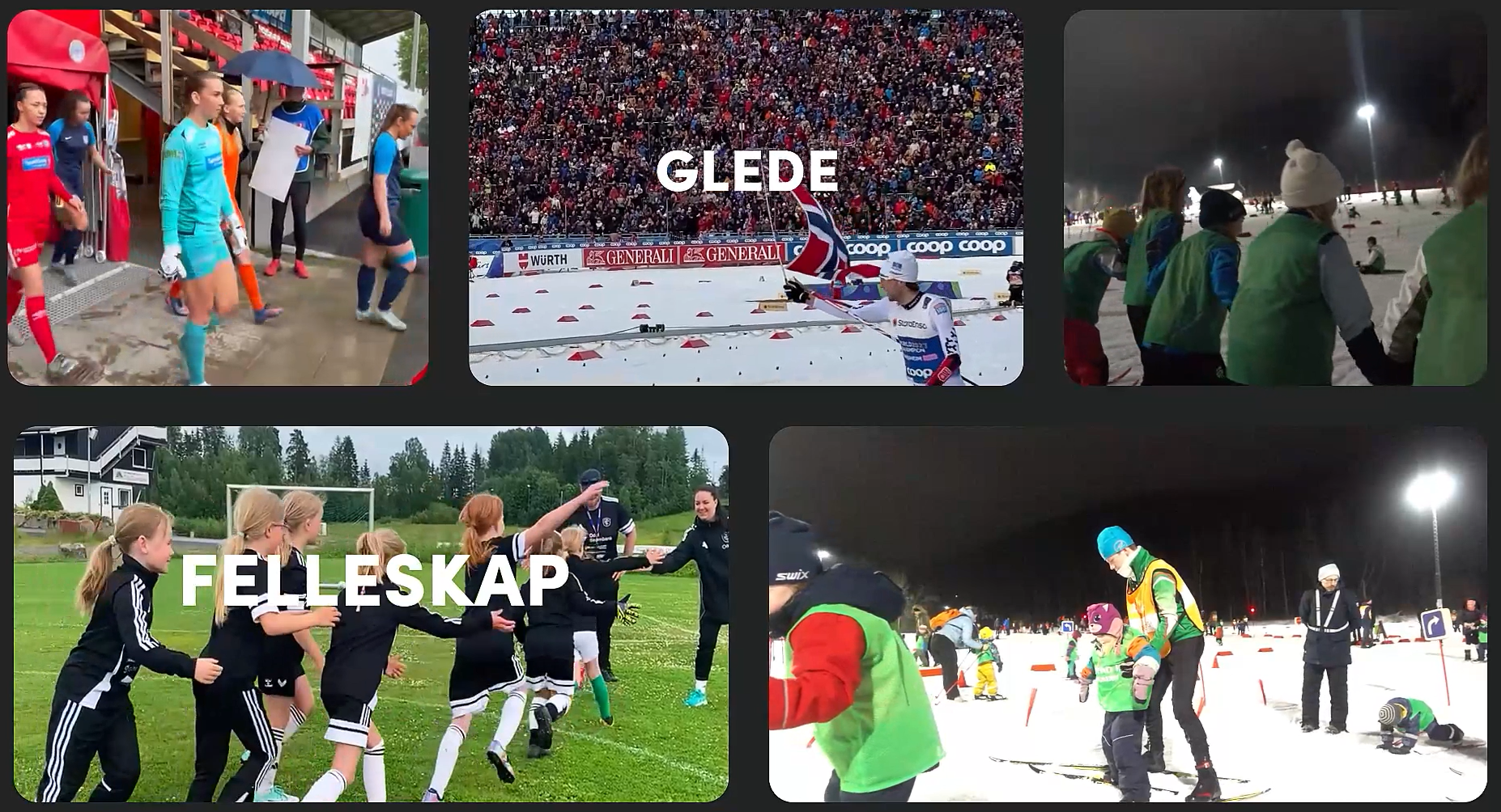 Barn og unge i aktivitet innen fotball og ski, som illustrerer verdiene glede, fellesskap og inkludering. Støttet av Veflen Entreprenør AS.